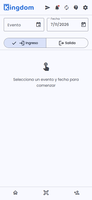Pantalla de Check-in/out: evento, fecha y modo Ingreso/Salida