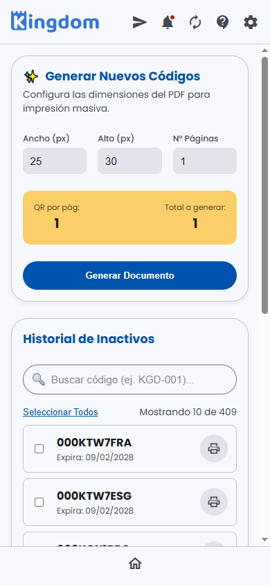 Generar códigos e historial de inactivos
