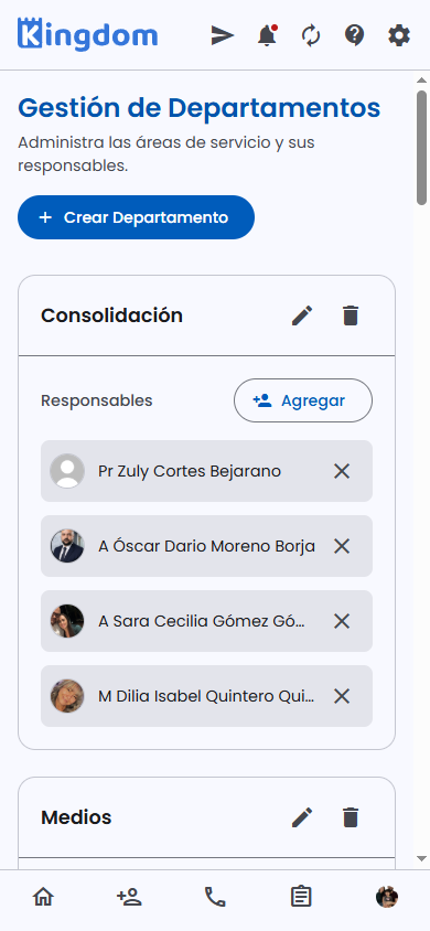 Gestión de Departamentos con áreas de servicio y sus responsables