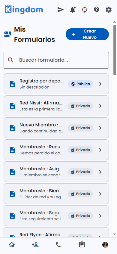 Lista "Mis Formularios" con badges Público/Privado