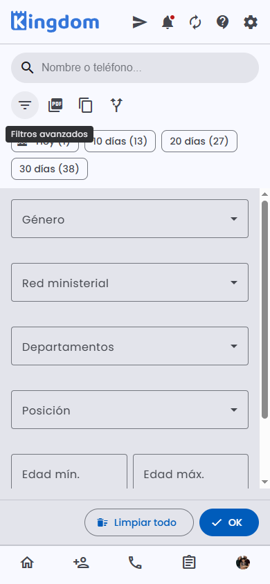 Panel de filtros avanzados: género, red, departamentos, posición, edad