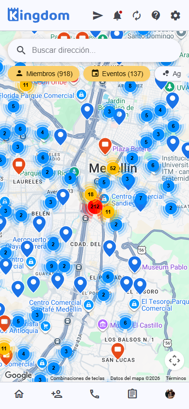 Mapa interactivo con clústeres de miembros y eventos