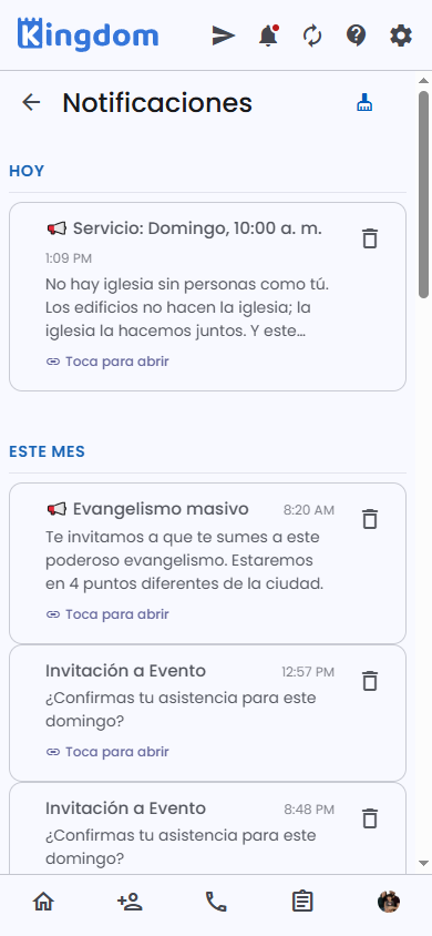 Bandeja de notificaciones agrupadas por fecha