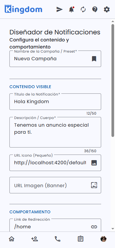 Diseñador de Notificaciones: contenido y comportamiento