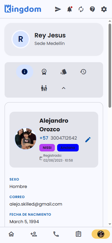 Encabezado del perfil con ministerio, sede y ficha de miembro