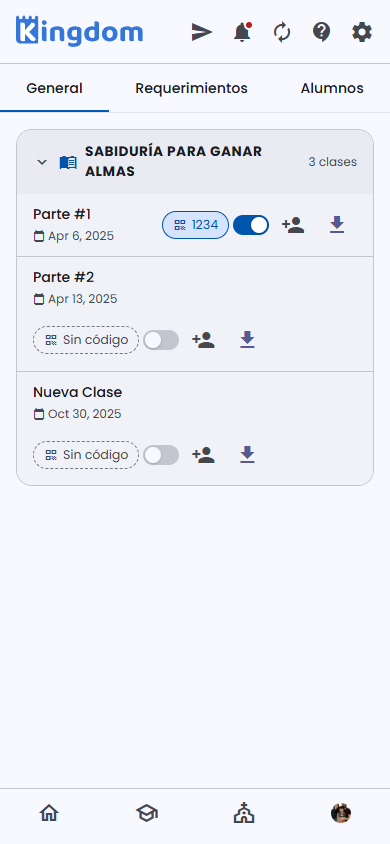 Gestión del curso: materias, clases, códigos y toggles