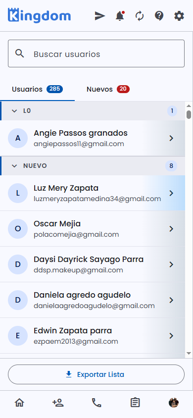 Gestión de Usuarios con pestañas Usuarios y Nuevos
