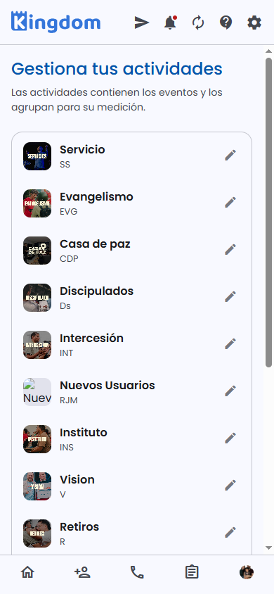 Gestión de actividades con imagen y abreviatura