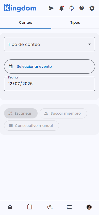 Pestaña Conteo: tipo de conteo, evento, fecha y métodos de registro