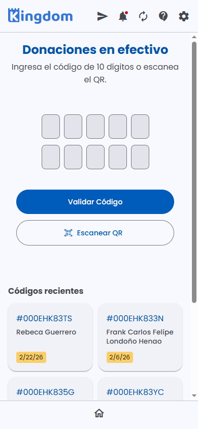 Donaciones en efectivo: ingresar código o escanear QR