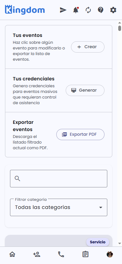 Pantalla de Eventos con acciones y filtro por categoría