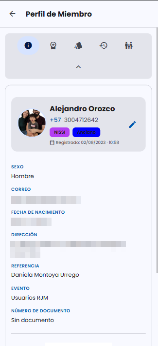 Ficha de miembro: pestañas, tarjeta con foto, tags y datos