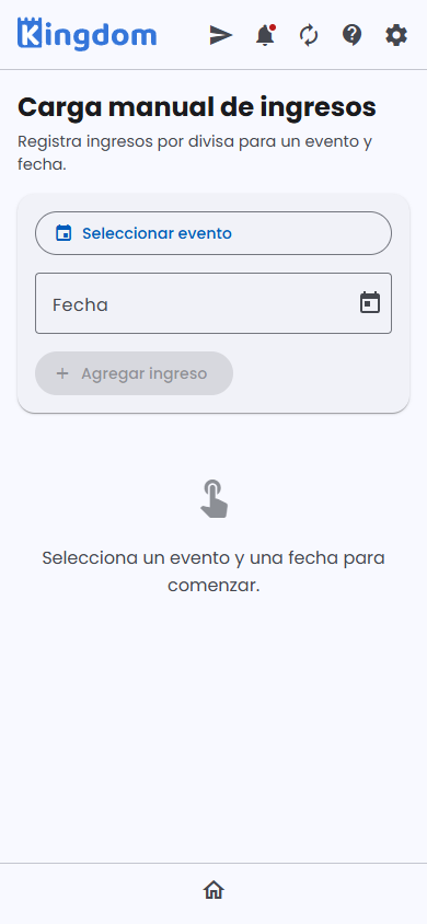 Carga manual de ingresos: evento, fecha y agregar ingreso