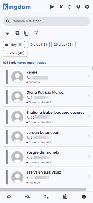 Lista de miembros con búsqueda, acciones, chips de cumpleaños y tarjetas