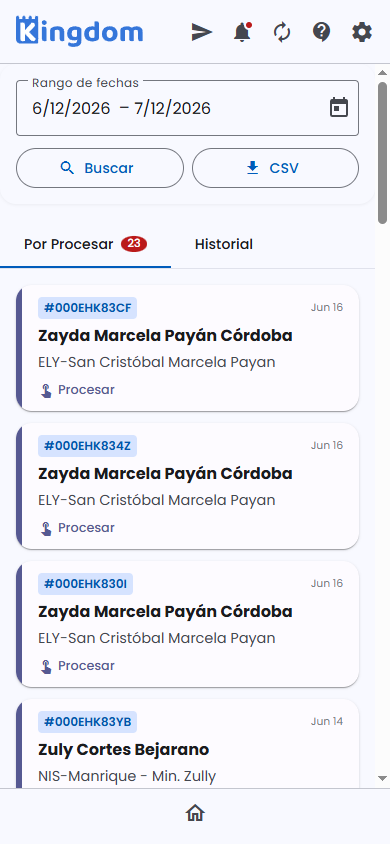 Logs del Wallet: pestañas Por Procesar e Historial