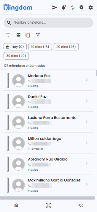 Lista de Membresía Kids con badge S.Kids