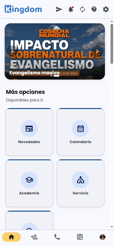Panel de inicio con barra superior, banner y cuadrícula de módulos