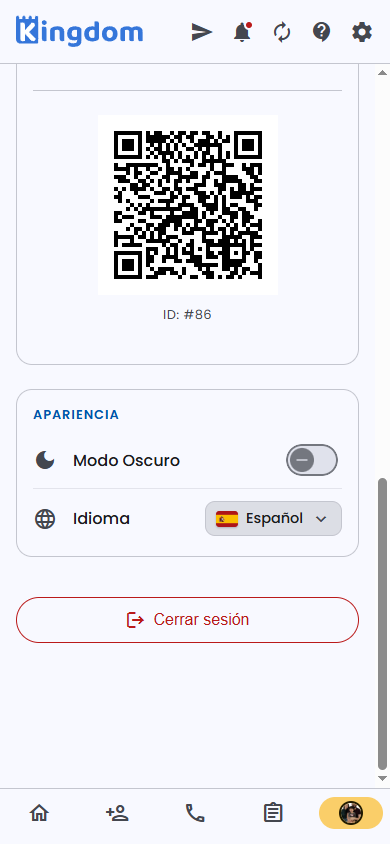 Credencial QR, modo oscuro, idioma y cerrar sesión