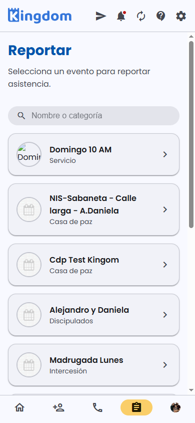 Lista de eventos para reportar, con su categoría