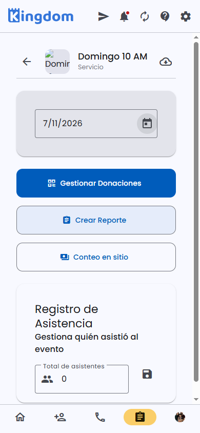 Detalle del evento: fecha, acciones y registro de asistencia