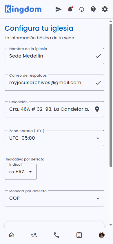 Configuración de la sede: nombre, correo, ubicación, zona horaria, indicativo y moneda